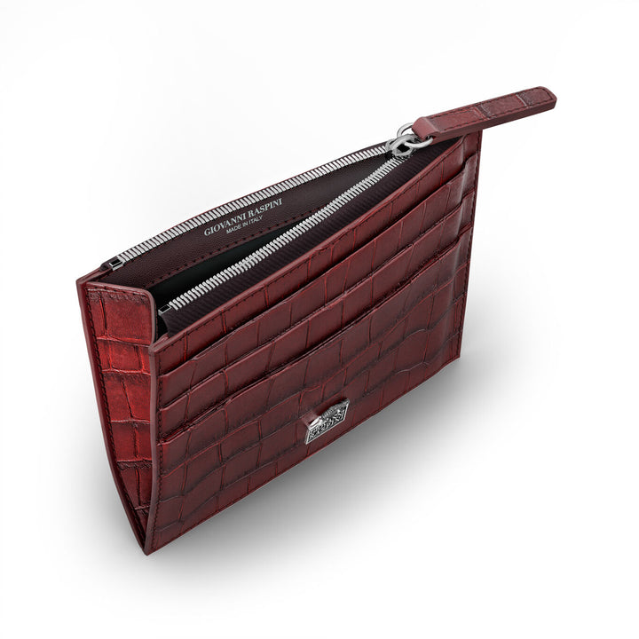 Porte-cartes Giovanni Raspini avec zip cuir croco bordeaux argent 925 L0030