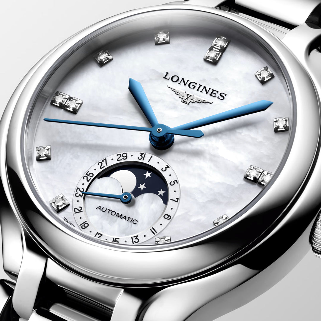 Reloj Longines Primaluna Moonphase 34mm nácar diamantes automático acero L8.126.4.87.6
