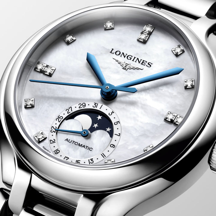 Reloj Longines Primaluna Moonphase 34mm nácar diamantes automático acero L8.126.4.87.6