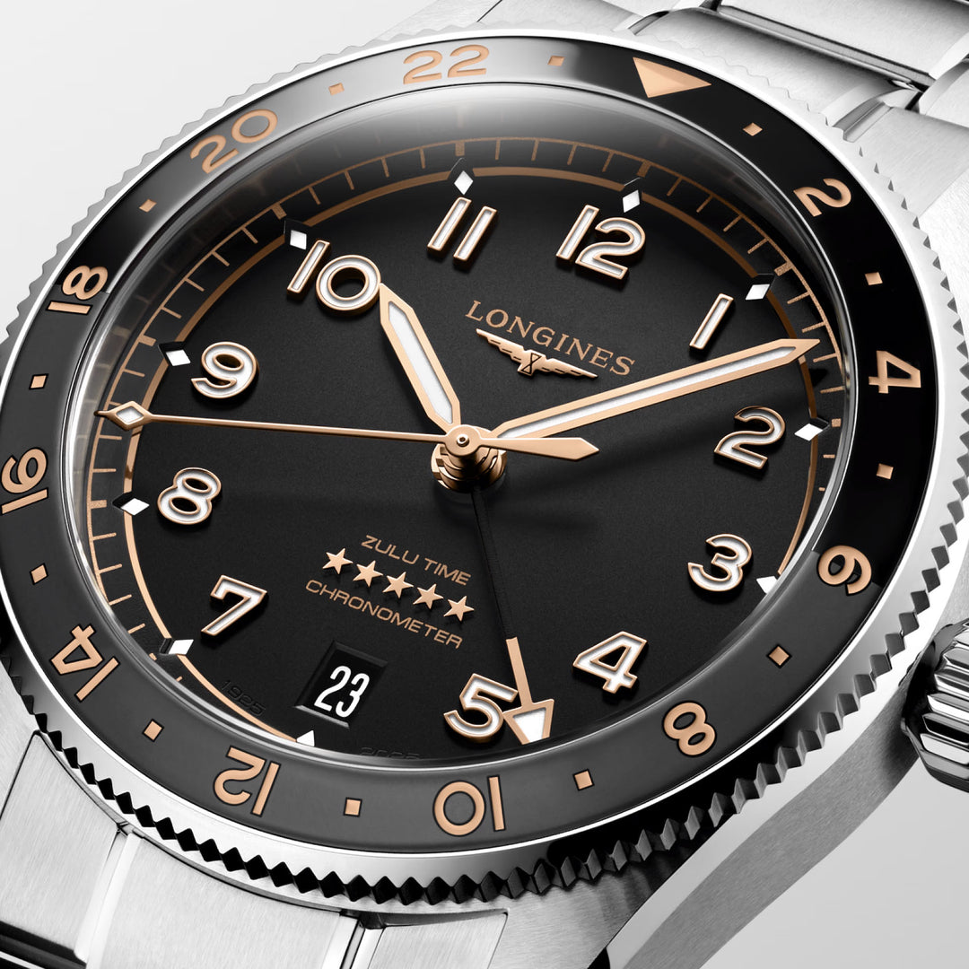 Reloj Longines Spirit Zulu Time 39mm negro automático acero L3.802.4.50.6