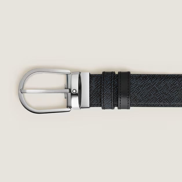 Montblanc cintura reversibile Horseshoe 35 mm pelle Sartorial tweed blu 198572