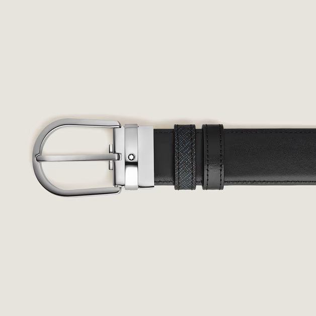 Montblanc cintura reversibile Horseshoe 35 mm pelle Sartorial tweed blu 198572