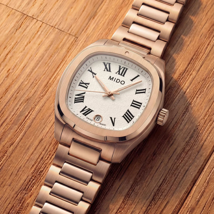 Montre Mido Multifort TV 28mm acier quartz ivoire PVD or rose M049.110.33.263.00