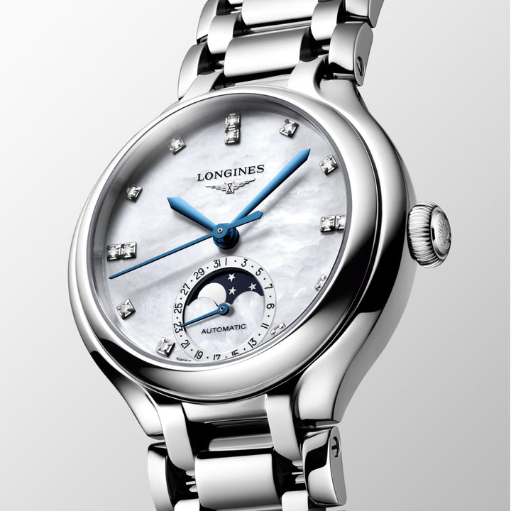 Reloj Longines Primaluna Moonphase 34mm nácar diamantes automático acero L8.126.4.87.6