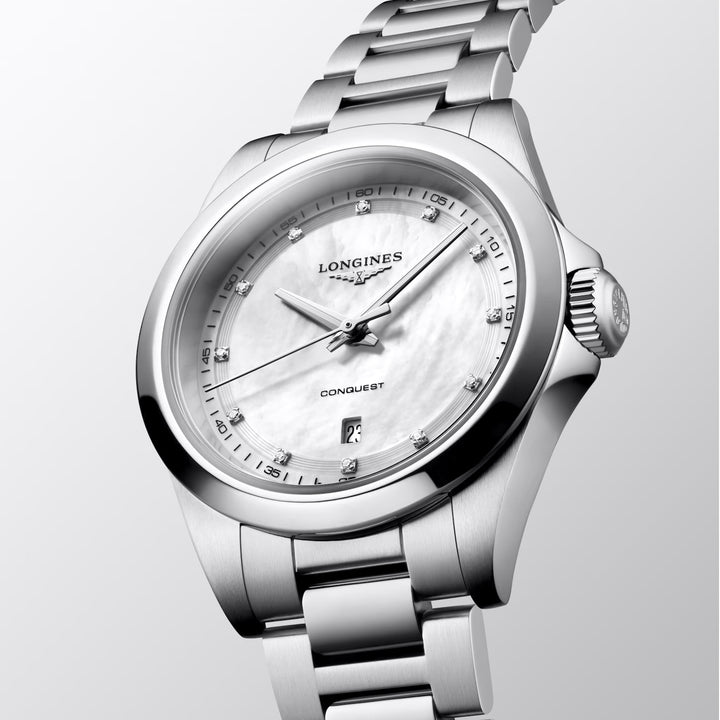 Reloj Longines Conquest 30mm nácar diamantes cuarzo acero L3.350.4.87.6