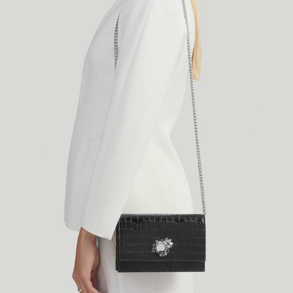 Giovanni Raspini bolso de mano selva cuero de cocodrilo negro bronceblanco L0027