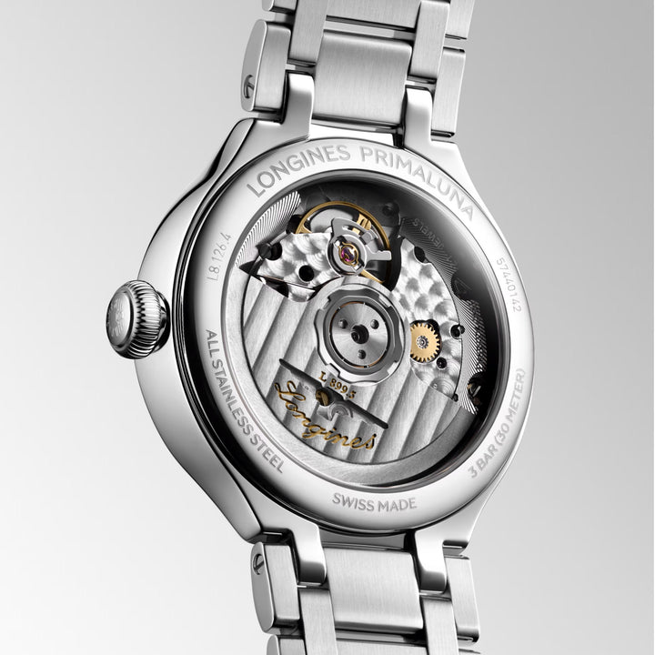 Reloj Longines Primaluna Moonphase 34mm nácar diamantes automático acero L8.126.4.87.6