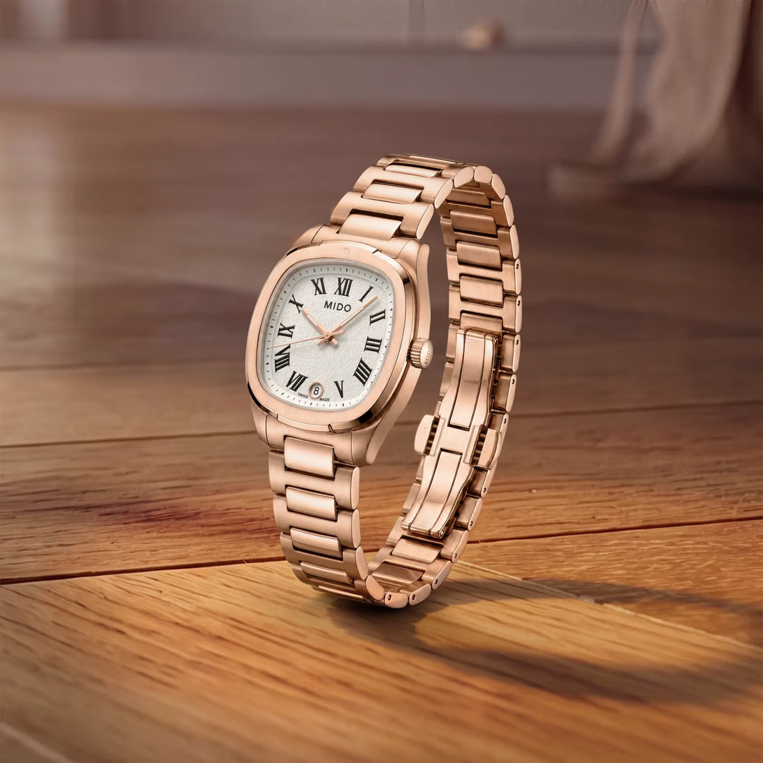 Montre Mido Multifort TV 28mm acier quartz ivoire PVD or rose M049.110.33.263.00