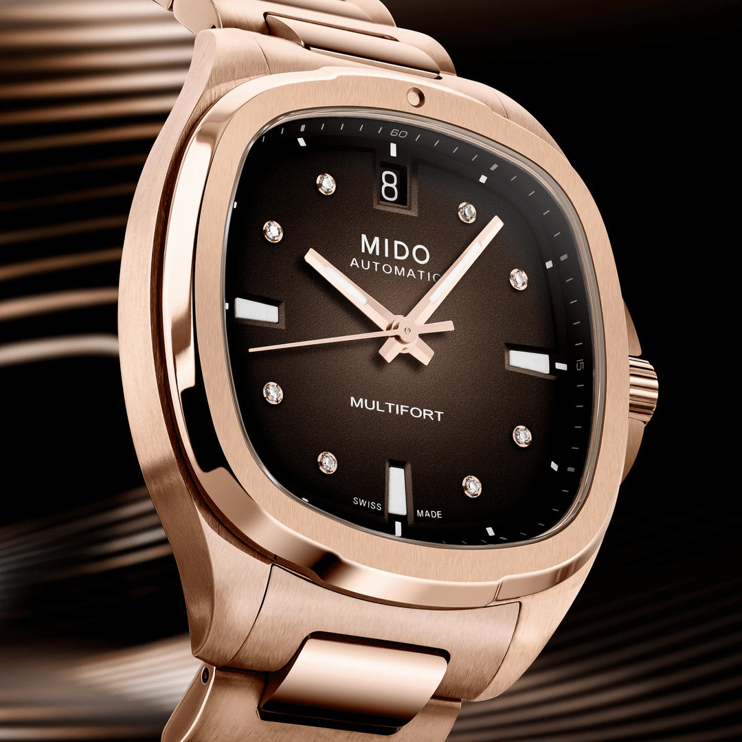 Mido Multioft TV 35mm Brun TV Automatiske Diamonds Steel Finish PVD Gold Rosa M049.307.33.296.00