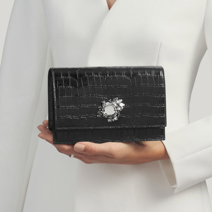 Giovanni Raspini bolso de mano selva cuero de cocodrilo negro bronceblanco L0027