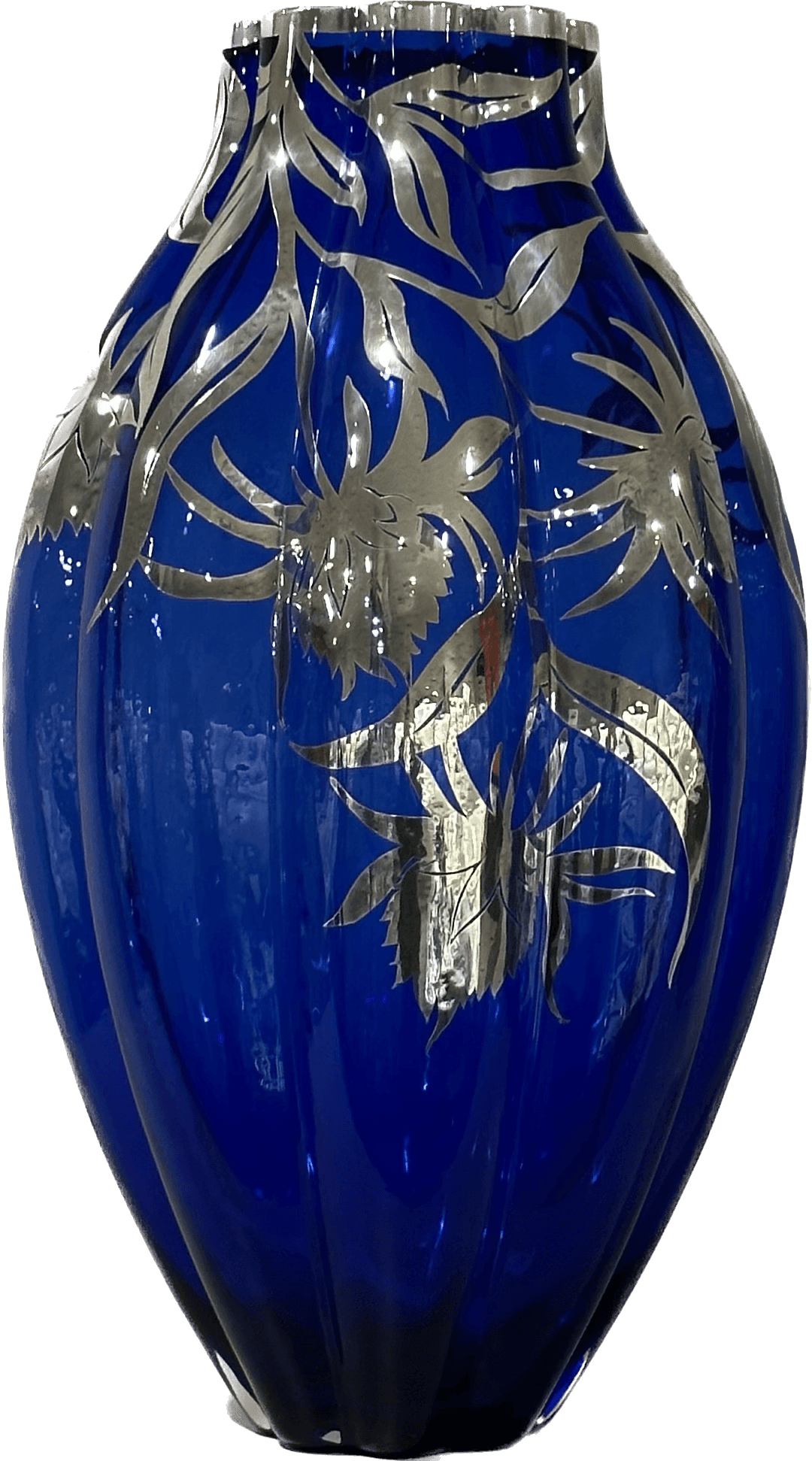 Argenti d'Arte vaso vetro soffiato blu decoro argento Fiori_Blu - Capodagli 1937