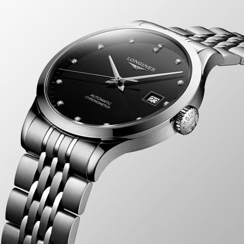 Longines Record collection watch 40mm black diamonds automatic COSC steel L2.821.4.57.6 - Capodagli 1937