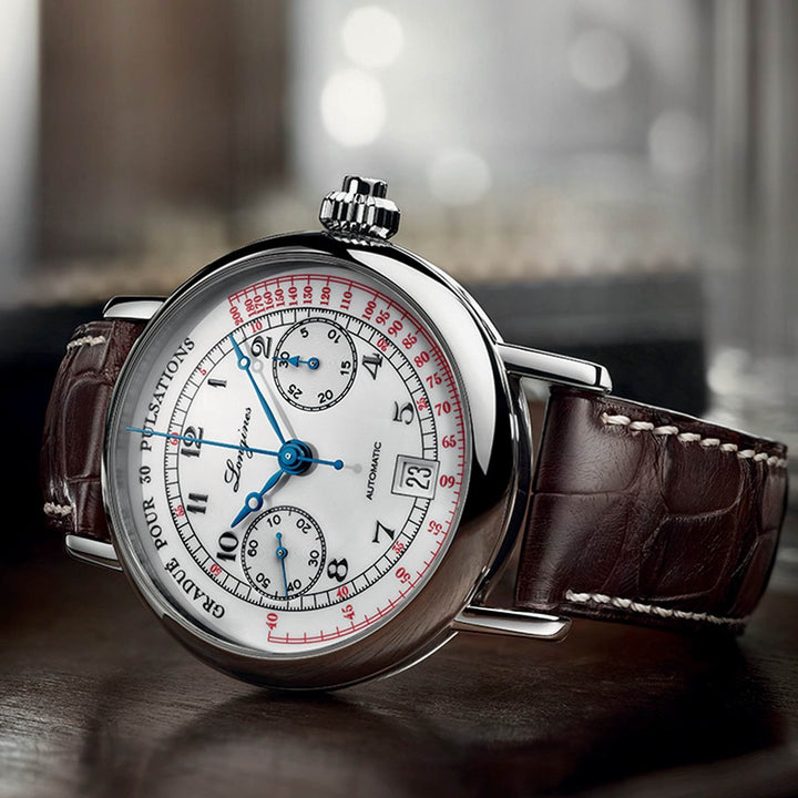 Longines orologio The Longines Column-Wheel Single Push-Piece Pulsometer Chronograph 40mm bianco automatico acciaio L2.801.4.23.2 - Gioielleria Capodagli