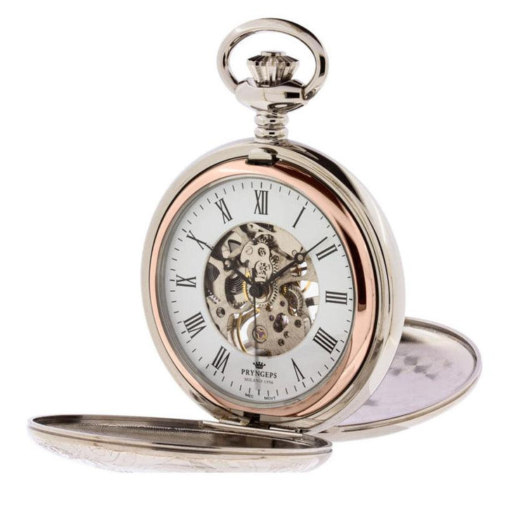 Reloj de bolsillo Pryngeps 47 mm blanco cuerda manual acero PVD acabado oro rosa T083/R - Capodagli 1937